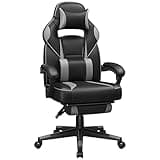 SONGMICS Fauteuil de Bureau, Chaise Gaming, RÉglable, Repose-pieds TÉlescopique, MÉcanisme À Bascule, Appui-tÊte, Support Lombaire, Charge 150 kg, Noir d'Encre et Gris Tourterelle OBG073B03