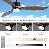 Ovlaim 132cm intérieur extérieur 3 pales hélice Smart ventilateur de plafond, Ventilateur de plafond en bois massif à moteur DC silencieux avect