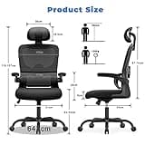 Chaise de Bureau Ergonomique: Fauteuil Bureau avec Support Lombaire en C,Dossier et Appui-tête Réglables,Reversible Armrest,Siege en Maille Respirante Convient à la Maison Bureau ,Lecture,Noir