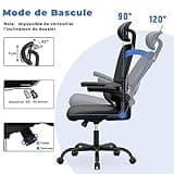 Chaise de Bureau Ergonomique: Fauteuil Bureau avec Support Lombaire en C,Dossier et Appui-tête Réglables,Reversible Armrest,Siege en Maille Respirante Convient à la Maison Bureau ,Lecture,Noir