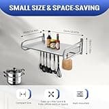 Étagère murale pour micro-ondes, en acier inoxydable, avec 6 crochets mobiles, support mural pour four, micro-ondes (argenté)