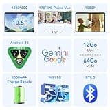 TABWEE T80 Android 15 Tablette Tactile - 12 Go+ 64 Go(2To TF), Unisoc T310,10 Pouces, 6000 mAh, 5 MP+2 MP, Gemini AI, 5G WiFi, GPS (2 Ans de Garantie)