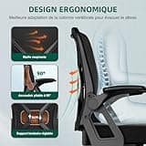 Airchros Fauteuil de Bureau, Chaise de Bureau avec Support Lombaire Ajustable 6 cm, Chaise Ergonomique 150kg, Siege Bureau avec Accoudoirs Pliables