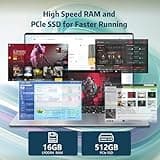 16 Pouces Ordinateur portable 16Go RAM 512Go SSD Celeron N100 (jusqu'à 3,4 GHz) processeur Clavier Rétroéclairé FHD Déverrouillage par Empreinte Digitale Wi-Fi/BT Win 11 Pro pour étudiants et bureaux.