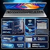Ordinateur Portable 15,6", Windows 11 PC Portable 16Go RAM 512Go SSD, Celeron N5095 CPU, Clavier Rétro-éclairé, Déverrouillage Empreinte, 180°Opening and Closing Laptop 1080P Écran, Mini-HDMI+USB3.0