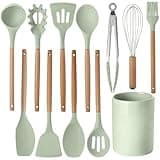 Lot de 12 ustensiles de cuisine en silicone avec poignée en bois, résistants à la chaleur, antiadhésifs, pinces, spatules et cuillères avec seau de rangement pour la maison, le camping, passent au