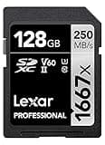 Lexar Professional 1667x Carte SD 128Go, Carte Memoire SDXC UHS-II, Jusqu'à 250 Mo/s en lecture, Class 10, U3, V60, SD pour photographe professionnel, vidéaste, passionné (LSD128CB1667)