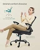 SONGMICS Chaise Bureau Ergonomique, Tissu en Maille, Support Lombaire, Mécanisme à Bascule, Assise Large de 53 cm, Accoudoirs Rabattables, pour Bureau, Chambre, Noir OBN37BK