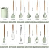 Lot de 12 ustensiles de cuisine en silicone avec poignée en bois, résistants à la chaleur, antiadhésifs, pinces, spatules et cuillères avec seau de rangement pour la maison, le camping, passent au