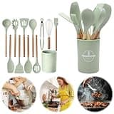 Lot de 12 ustensiles de cuisine en silicone avec poignée en bois, résistants à la chaleur, antiadhésifs, pinces, spatules et cuillères avec seau de rangement pour la maison, le camping, passent au